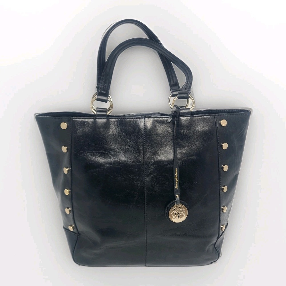 Tommy Bahama Distressed Studded Leather Tote Shoulder Bag Black Large - Picture 2 of 7